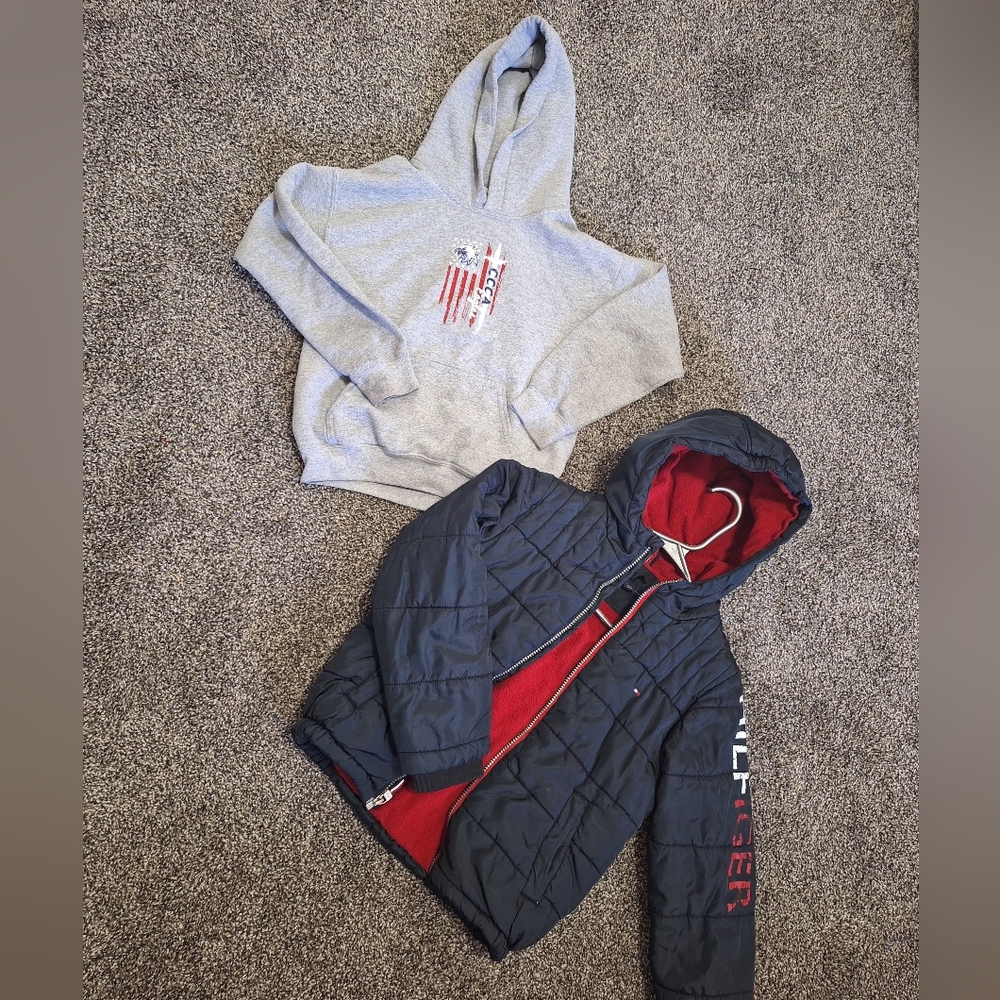 Tommy Hilfiger Kids' Black and Red Hooded Jacket and one more sweater Size 7